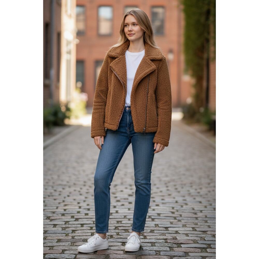 Abercrombie & Fitch Brown Sherpa Moto Winter Teddy Jacket Coat Womens Size M